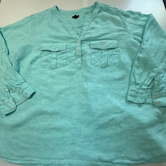 Talbots women’s 3X linen long sleeve shirt roll tab pullover tunic top aqua blue - Picture 10 of 12